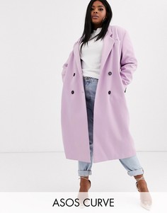 Длинное двубортное пальто лилового цвета ASOS DESIGN Curve hero-Фиолетовый