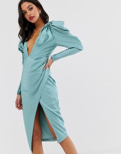 Атласное платье миди с глубоким вырезом и драпировкой на плечах ASOS EDITION-Синий