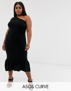 Платье миди на одно плечо с расклешенным краем ASOS DESIGN Curve-Черный