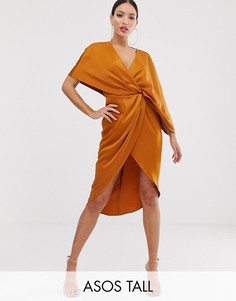 Атласное платье миди с широкими асимметричными рукавами ASOS DESIGN Tall-Бежевый