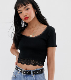 Приталенный топ в рубчик с кружевной отделкой ASOS DESIGN Petite-Черный