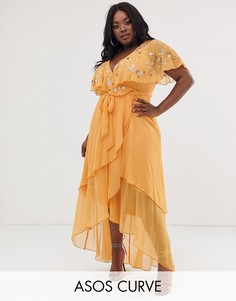 Декорированное платье макси с накидкой и асимметричным краем ASOS DESIGN Curve-Оранжевый