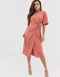 Платье миди с перекрученной отделкой спереди и рукавами-кимоно ASOS DESIGN-Розовый