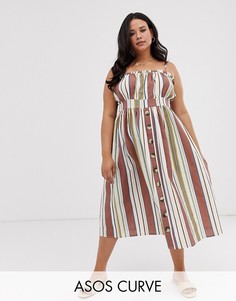 Льняное платье миди в полоску на пуговицах ASOS DESIGN Curve-Мульти