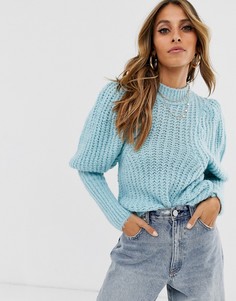 Вязаный джемпер с пышными рукавами на манжетах ASOS DESIGN-Синий