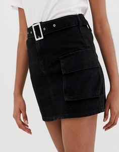 Джинсовая мини-юбка с поясом и карманом ASOS DESIGN-Черный