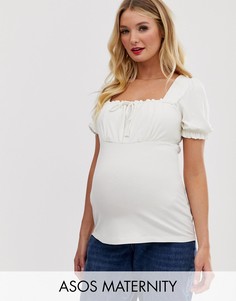 Присборенный топ кремового цвета с пышными рукавами для кормящих мам ASOS DESIGN Maternity-Кремовый