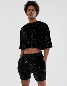 Комбинируемая укороченная oversize-футболка из велюра со стразами ASOS DESIGN-Черный