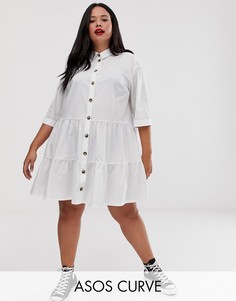 Свободное ярусное платье мини на пуговицах ASOS DESIGN Curve-Белый