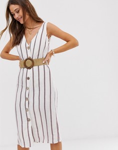 Льняное платье миди в полоску с ремнем River Island-Белый