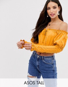Топ с открытыми плечами и вышивкой ришелье ASOS DESIGN Tall-Желтый