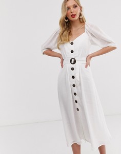 Платье миди на пуговицах с пышными рукавами и поясом ASOS DESIGN-Белый