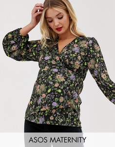 Плиссированный топ с запахом и цветочным принтом ASOS DESIGN Maternity-Мульти