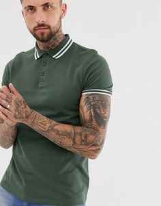 Футболка-поло из пике цвета хаки и с окантовкой ASOS DESIGN-Зеленый