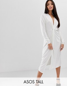 Свободное платье миди с длинными рукавами и декоративным узлом ASOS DESIGN Tall-Белый