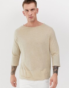 Свободная футболка с рукавами длиной 3/4 из смесового льняного трикотажа ASOS DESIGN-Бежевый