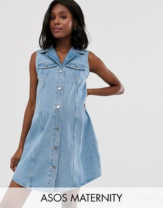 Джинсовое короткое приталенное платье-рубашка без рукавов ASOS DESIGN Maternity-Синий