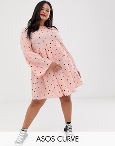 Свободное платье мини в горошек с рукавами клеш ASOS DESIGN Curve-Мульти