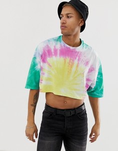 Свободная укороченная футболка с рукавами до локтя и принтом тай-дай ASOS DESIGN-Мульти