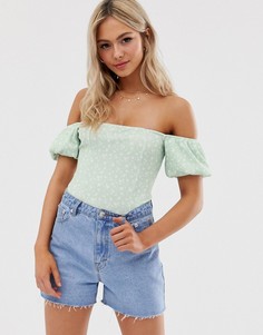 Боди в рубчик с открытыми плечами, пышными рукавами и цветочным принтом ASOS DESIGN-Зеленый