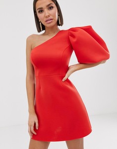 Короткое приталенное платье на одно плечо с пышным рукавом ASOS DESIGN-Красный
