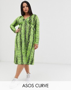 Платье миди со змеиным принтом и узлом спереди ASOS DESIGN Curve-Мульти