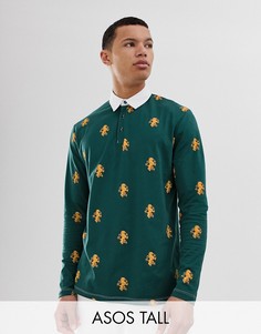 Поло свободного кроя с длинными рукавами и принтом ASOS DESIGN Tall-Зеленый