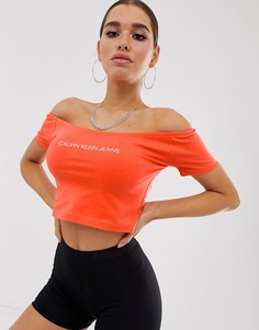 Кроп-топ с открытыми плечами и логотипом Calvin Klein Jeans-Оранжевый