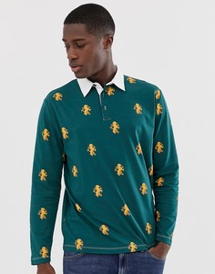 Поло свободного кроя с длинными рукавами и принтом ASOS DESIGN-Зеленый