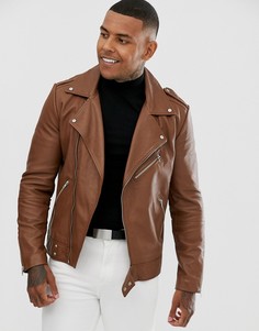Светло-коричневая кожаная байкерская куртка ASOS DESIGN-Светло-коричневый