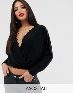 Топ с запахом и кружевной отделкой ASOS DESIGN Tall-Черный