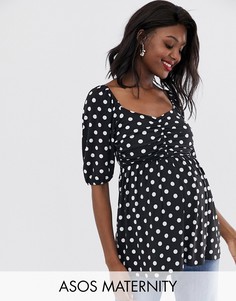 Свободный топ в горошек с вырезом сердечком и сборками ASOS DESIGN Maternity-Черный