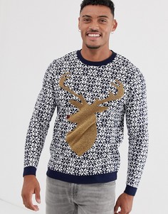 Новогодний джемпер с оленем ASOS DESIGN Foundation-Темно-синий