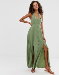Платье макси на пуговицах ASOS DESIGN-Зеленый