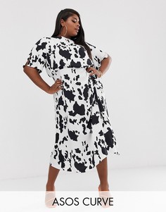 Платье миди с принтом и сборками на юбке ASOS DESIGN Curve-Мульти