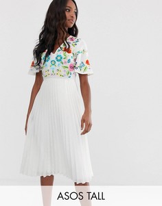 Плиссированное платье миди с вышивкой ASOS DESIGN Tall-Белый