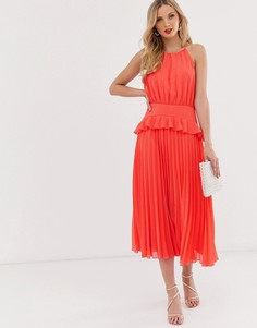 Плиссированное платье миди с оборкой на подоле ASOS DESIGN-Розовый