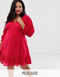Чайное платье мини с глубоким вырезом, вышивкой ришелье и оборкой Neon Rose Plus-Красный