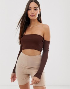 Коричневый кроп-топ с открытыми плечами и длинными рукавами ASOS DESIGN