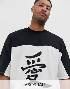 Oversize-футболка из плотной трикотажной ткани с контрастной вставкой и принтом на груди ASOS DESIGN-Черный