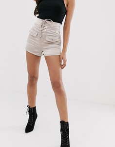 Атласные шорты на шнуровке Missguided-Светло-бежевый