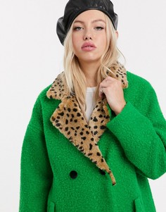 Двубортное шерстяное пальто с воротником из искусственного меха с леопардовым принтом Lazy Oaf-Зеленый