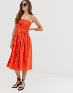 Льняной сарафан миди на бретельках с пуговицами ASOS DESIGN-Красный