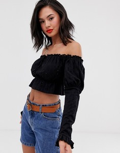 Топ с открытыми плечами и вышивкой ришелье ASOS DESIGN-Черный