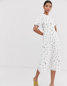 Чайное платье миди с цветочным принтом Fashion Union-Белый