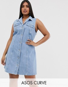 Джинсовое короткое приталенное платье-рубашка без рукавов ASOS DESIGN Curve-Синий