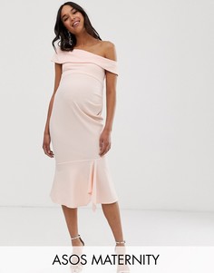Фактурное платье миди с открытыми плечами ASOS DESIGN Maternity-Розовый
