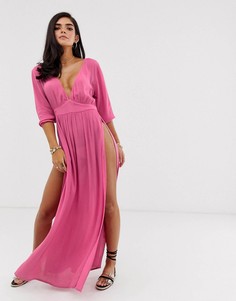 Розовое пляжное платье макси с глубоким вырезом разрезами ASOS DESIGN-Розовый
