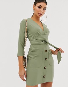 Платье мини на пуговицах с запахом ASOS DESIGN-Зеленый