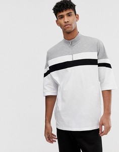 Oversize-футболка колор блок с высоким воротом на молнии и рукавами длиной до локтя ASOS DESIGN-Белый